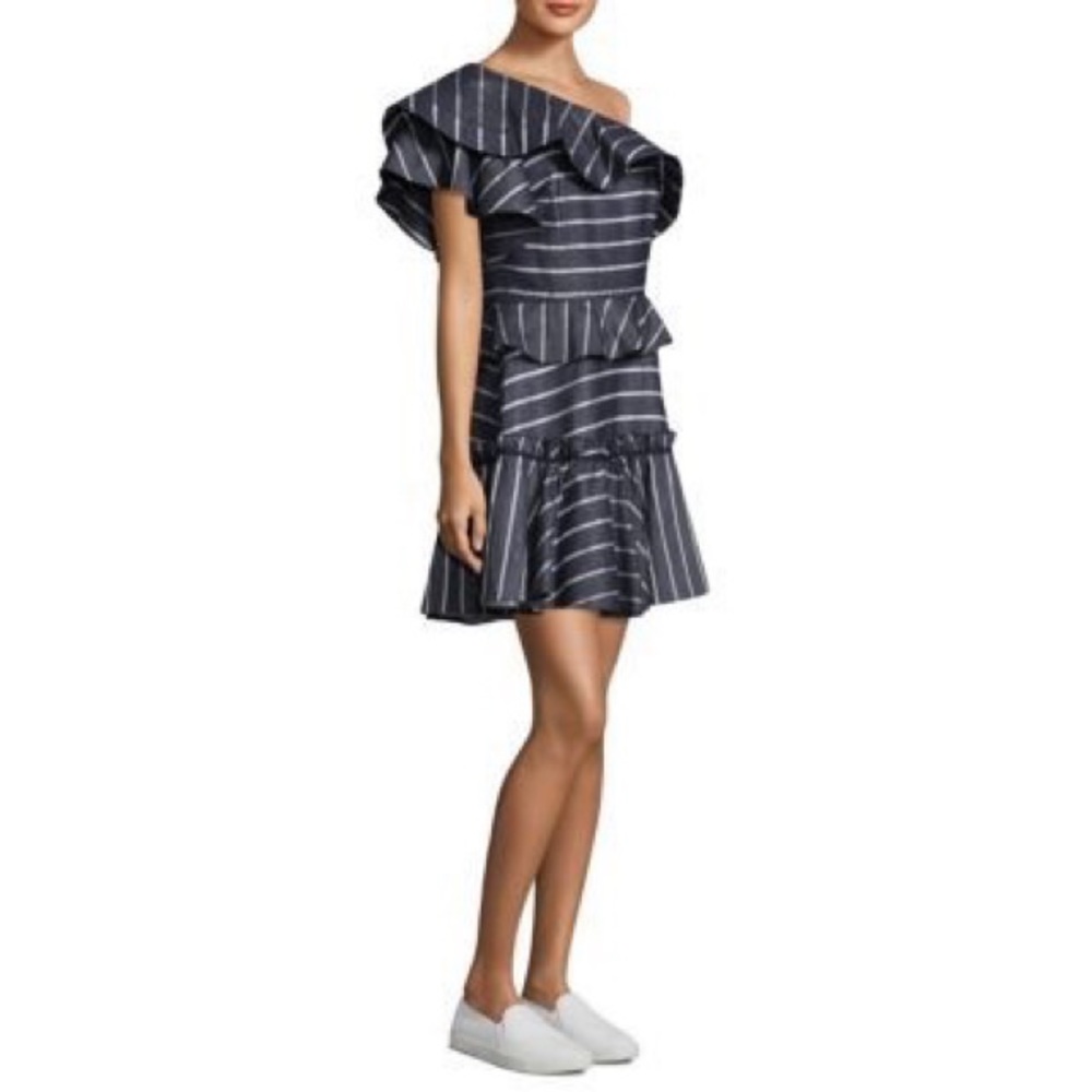 PROSE & POETRY Grettel One-Shoulder Ruffle Striped Mini Dress Small